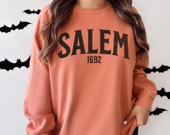 Op de afbeelding: Een koraalkleurige sweatshirt met het woord "SALEM" in zwarte letters, met "1692" eronder. De top met lange mouwen is gemaakt van een zacht materiaal. Zwarte vleermuisuitsparingen zijn zichtbaar op de achtergrond.