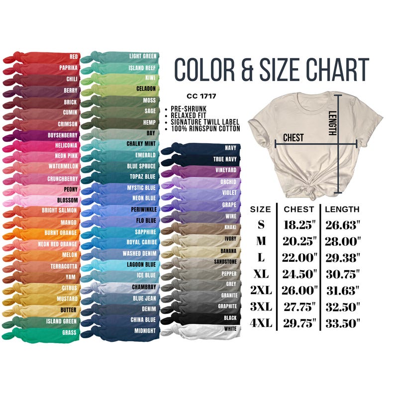 Pu&ograve; includere: Tabella di colori e taglie per una t-shirt disponibile in una variet&agrave; di colori e taglie. La tabella mostra le misure del torace e della lunghezza in pollici per le taglie S, M, L, XL, 2XL, 3XL e 4XL.