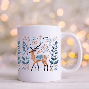Scandinavian Christmas Mug with Folk Art Reindeer, Nordic Hygge Coffee Mug, Winter Holiday Gift, Pretty Winter Coffee Mug, Coffee Lover Gift