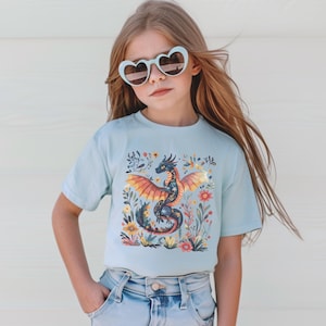 Kids Bookish Dragon Tee, Fantasy Reader Gift, Girls Bookworm Tee-Shirt, Fantasy Book Crewneck, Boho Dragon Shirt, Bookful Reader Shirt