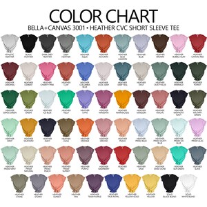 May include: Colour chart displaying 64 different heather colours for Bella + Canvas 3001 CVC short sleeve tees. The colours are arranged in rows and columns, with each colour labelled with its name.