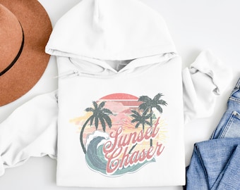 Sudadera con capucha Sunset Chaser / Sudadera retro de playa surfera / Regalo para amantes de la playa / Sudadera con capucha para vacaciones tropicales