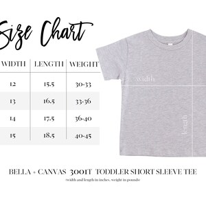 May include: A size chart for toddler short sleeve tees, with measurements in inches and weight in pounds. The chart includes sizes 2T to 5T, with corresponding width, length, and weight ranges. A gray t-shirt is shown with width and length indicators.