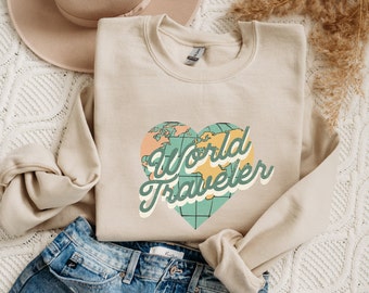 Moletom viajante do mundo, pulôver de gola redonda para viagem, moletom retrô para viagem, moletom de férias, presente para quem ama viajar, moletom de aventura