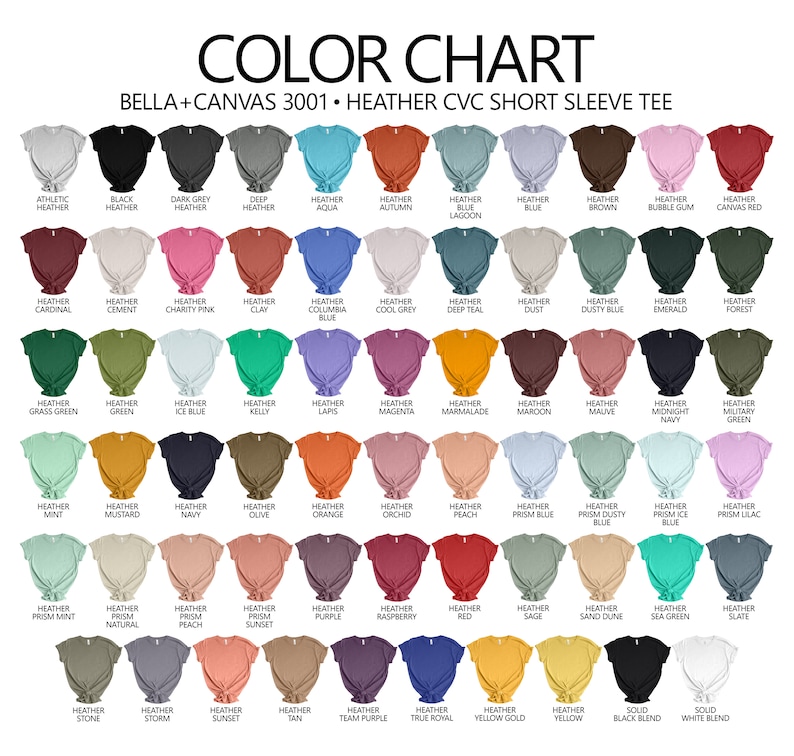 Puede incluir: Carta de colores que muestra 64 colores diferentes de mezcla para las camisetas de manga corta Bella + Canvas 3001 CVC. Los colores est&aacute;n dispuestos en filas y columnas, con cada color etiquetado con su nombre.