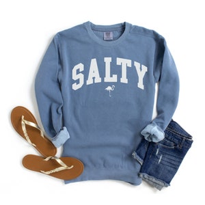 Op de afbeelding: Een lichtblauw sweatshirt met het woord "SALTY" in wit gedrukt op de voorkant. Een kleine witte flamingo is onder het woord gedrukt. Het sweatshirt is gevouwen en ligt plat op een witte achtergrond.