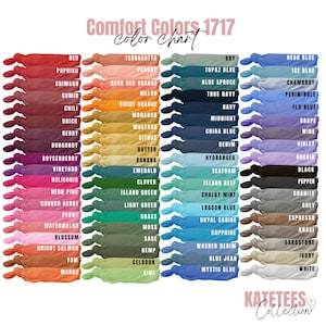 May include: A color chart showing 48 different colors of Comfort Colors 1717 t-shirts. The colors are arranged in rows and columns, with each color represented by a small swatch of fabric.