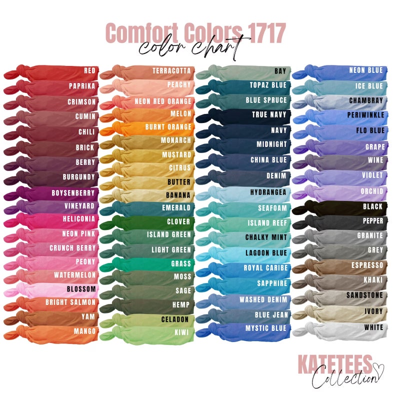 May include: A color chart showing 48 different colors of Comfort Colors 1717 t-shirts. The colors are arranged in rows and columns, with each color represented by a small swatch of fabric.