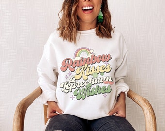 Sudadera retro del día de San Patricio, sudadera con besos de arcoíris y deseos de duende, camiseta del día de San Patricio para mujer, camiseta del día de San Patricio