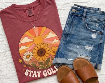 Stay Golden Comfort Colors Tee, Retro Sunflower Shirt, Boho Floral Tee, Positive Quote Shirt, Vintage Wildflower Shirt, Women's Fall Tee
