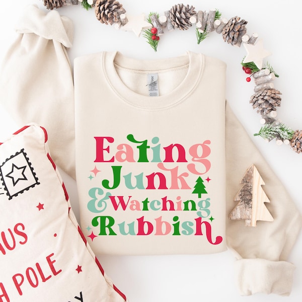 Eating Junk And Watching Rubbish Sweatshirt, Funny Christmas Sweatshirt, Retro Holiday Crewneck, Christmas Gifted, Pink Christmas Shirt