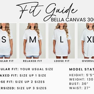 Puede incluir: Tabla de tallas para camisetas Bella Canvas 3001. La tabla muestra cuatro modelos que llevan diferentes tallas de camiseta: S, M, L y XL. La tabla tambi&eacute;n incluye informaci&oacute;n sobre el ajuste de cada talla: Ajuste regular, Ajuste relajado, Ajuste holgado y Ajuste de gran tama&ntilde;o. La tabla tambi&eacute;n incluye las estad&iacute;sticas del modelo: Altura: 1,65 m, Peso: 59 kg, Busto: 91 cm, Cintura: 69 cm.