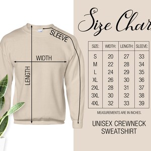 May include: Size chart for a unisex crewneck sweatshirt. The chart shows measurements in inches for width, length, and sleeve length for sizes S through 4XL.