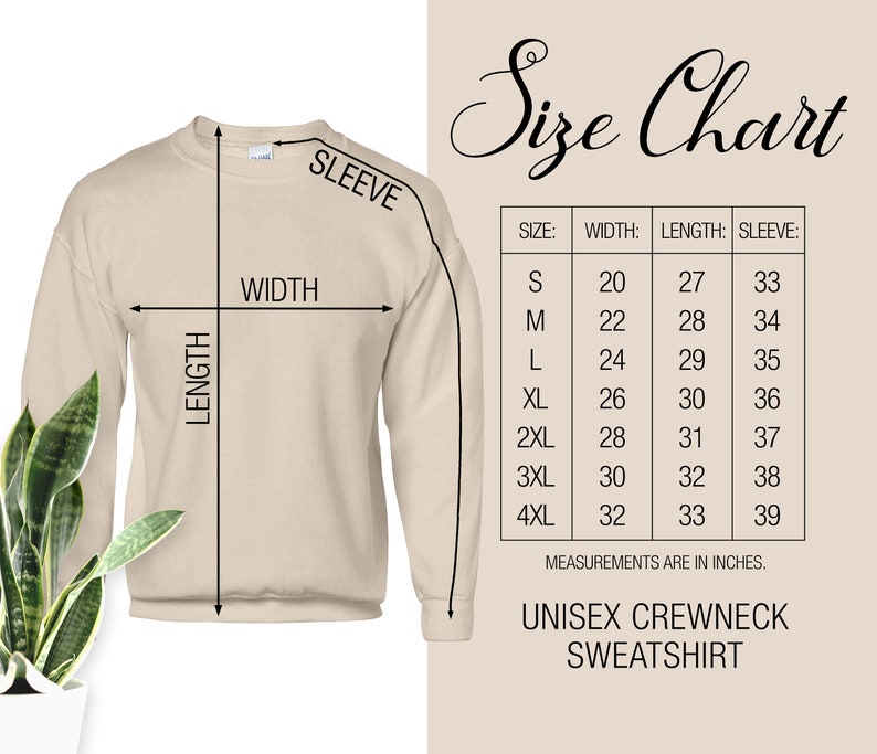May include: Size chart for a unisex crewneck sweatshirt. The chart shows measurements in inches for width, length, and sleeve length for sizes S through 4XL.