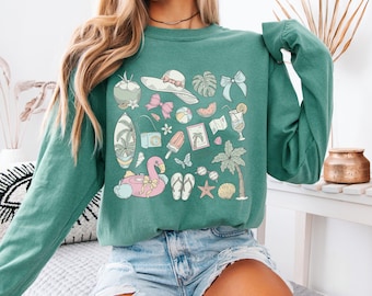 Comfort Colors Long Sleeve Preppy Beach Tee, Coquette Summer Tee-Shirt, Beach Lover Gifted, Tropical Vacation Tee, Trendy Gift for Her