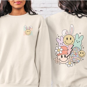 Retro Easter Sweatshirt, Back Printed Easter Sweatshirt, Women's Bunny Sweatshirt, Retro Easter Crewneck, Funny Easter Sweater, Gift for Her image 1