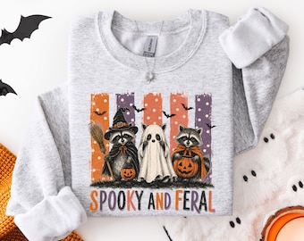 Gruseliges und wildes Halloween-Sweatshirt | Süßes oder Saures Waschbär Hexe Halloween Rundhalsausschnitt | Netter Herbst-Pullover für Frauen