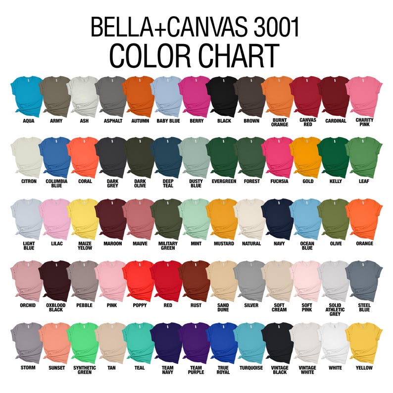Pu&ograve; includere: Tabella colori per t-shirt Bella+Canvas 3001, con una vasta gamma di colori. La tabella mostra varie tonalit&agrave;, tra cui Aqua, Army, Ash e altro. Il testo "TABELLA COLORI" &egrave; ben visibile in alto.