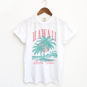 May include: White t-shirt with a graphic print of palm trees and a sunset. The text "Hawaii Aloha State" is printed below the graphic.
