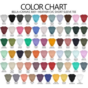 May include: Color chart showing 64 different heather colors for Bella + Canvas 3001 CVC short sleeve tees. The colors are arranged in rows and columns, with each color labeled with its name.