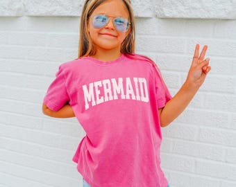 Kids Mermaid Tee, Cute Summer Tee-Shirt for Kids, Varsity Style Beach Lover Shirt, Mermaid Theme Party Tee, Girls Beach Vibes T-Shirt