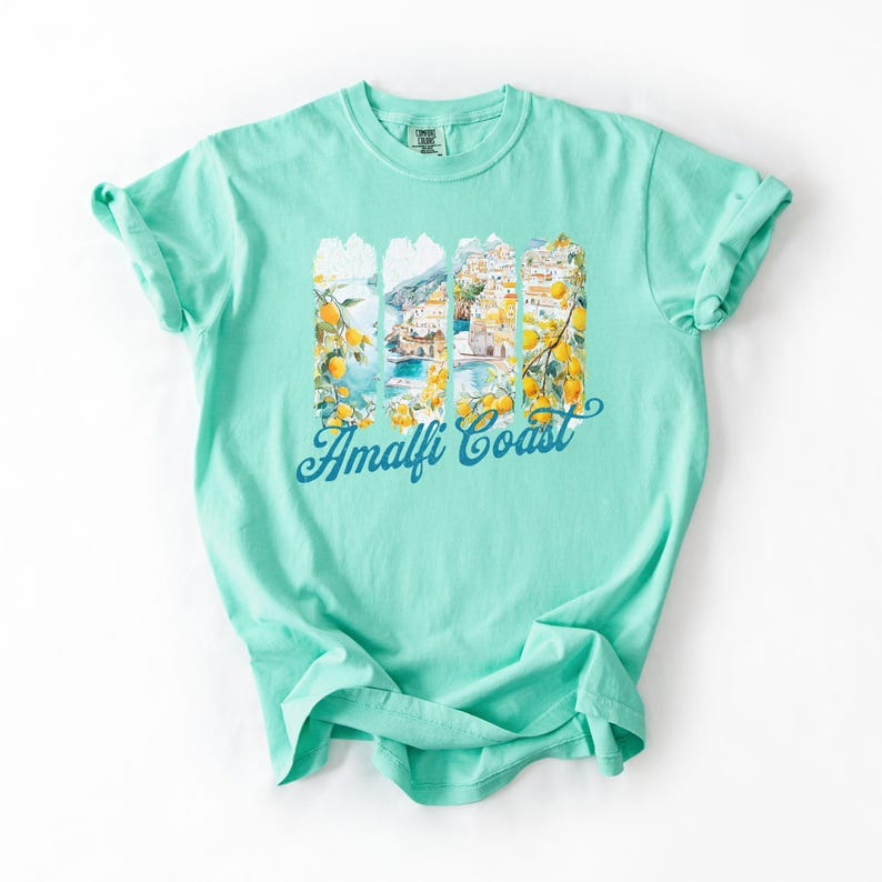 Pu&ograve; includere: Una maglietta turchese con una stampa grafica di una citt&agrave; costiera italiana colorata con alberi di limone e il testo "Amalfi Coast" in blu.