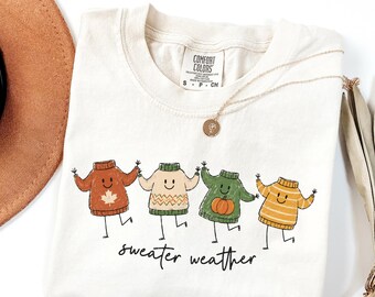 Sweater Weather Comfort Colors Shirt, Cute Fall Tee, Cozy Autumn Shirt, Pumpkin Sweater Tee, Fall Aesthetic Women's Tee-Shirt