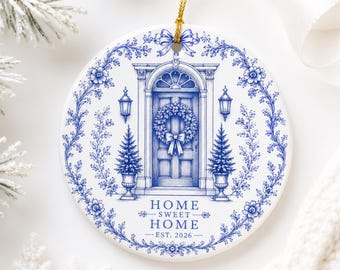 New Home Christmas Ornament 2026, First Christmas in New Home, Blue Toile Ceramic Ornament, Housewarming Gift, Home Sweet Home