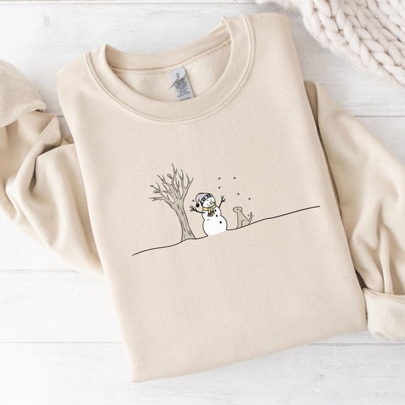 Snowman Sweatshirt, Cozy Winter Sweatshirt For Women, Cute Snowman and Dog Sweatshirt, Dog Lover Holiday Gift, Minimalist Winter Sweater