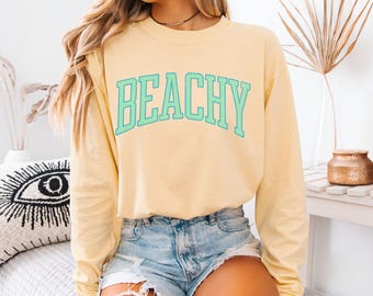 Comfort Colors Beachy Long Sleeve Tee, Beach Lover Gifted, Varsity Style Preppy Summer Tee-Shirt, Trendy Beach Vacation Shirt