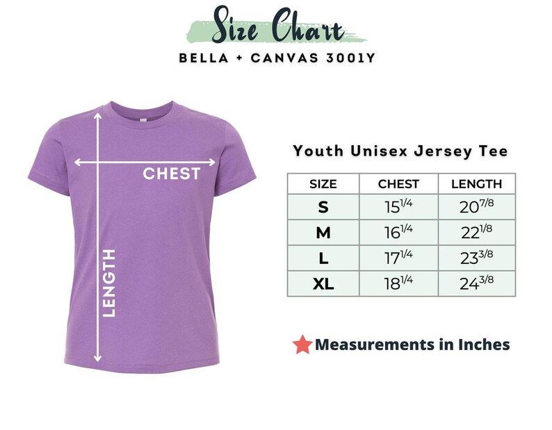 May include: A lilac youth unisex jersey tee with a size chart. The chart shows chest and length measurements in inches for sizes S, M, L, and XL. The text "Measurements in Inches" is below the chart.
