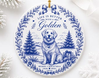 Golden Retriever Christmas Ornament 2026, Golden Retriever Gift for Dog Lover, Blue Toile Ceramic Ornament, Dog Mom Christmas Gift