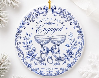 Personalized Engagement Ornament 2026, Newly Engaged Couple Gift, Custom Names Christmas Ornament, Blue Toile Engagement Keepsake