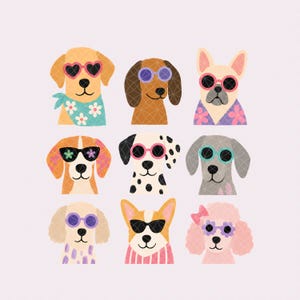 Puede incluir: Una ilustración digital con nueve retratos de perros dispuestos en una cuadrícula. Cada perro lleva gafas de sol coloridas y varios accesorios, incluyendo un pañuelo floral, un lazo rosa y camisas estampadas sobre un fondo rosa claro.