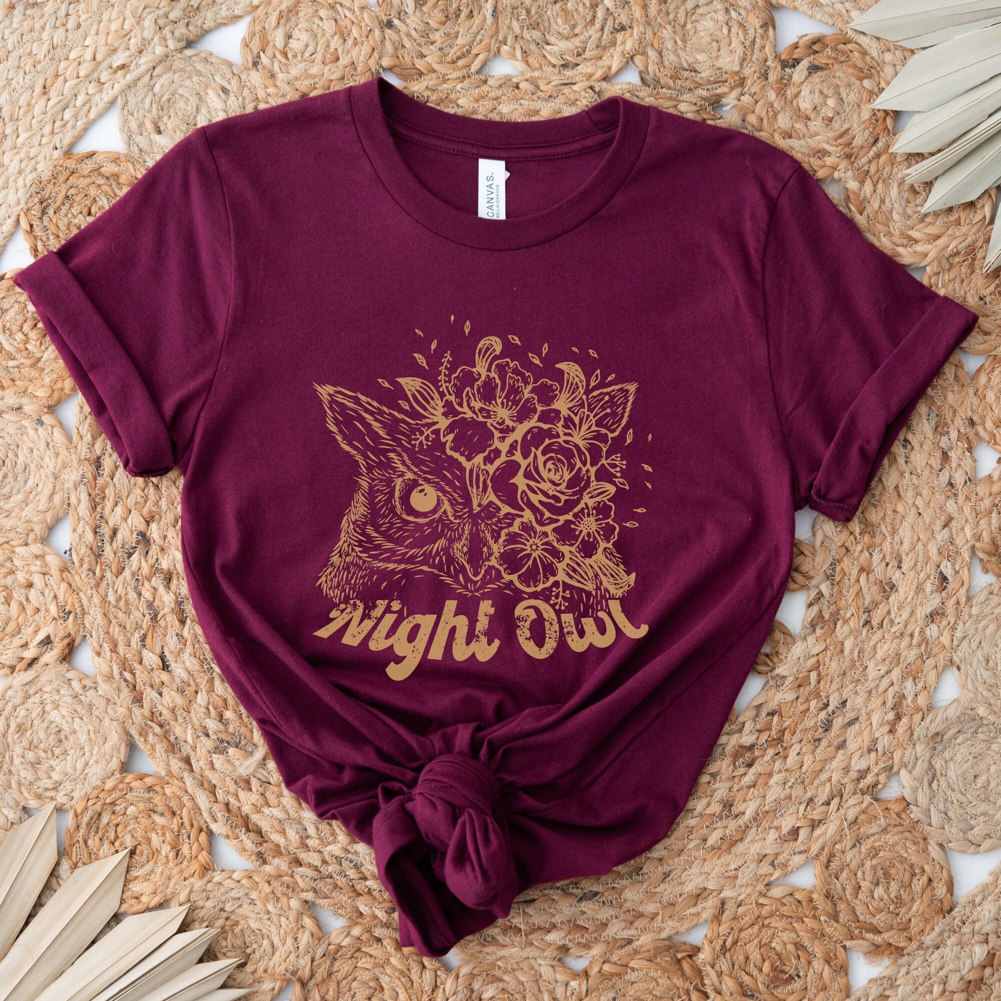 Night Owl T-Shirt, Retro Owl Shirt, Trendy Summer Tees, Gift for Her, Boho Floral Shirt, Owl Lover S
