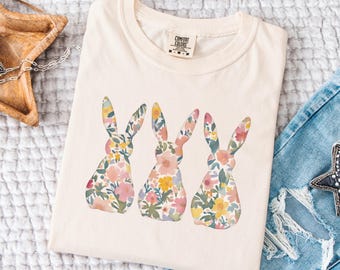 Floral Bunny T-Shirt, Easter Gift, Comfort Colors Spring Tee-Shirt, Trendy Vintage Graphic Tee, Cute Easter Crewneck, Trendy Bunny Tee