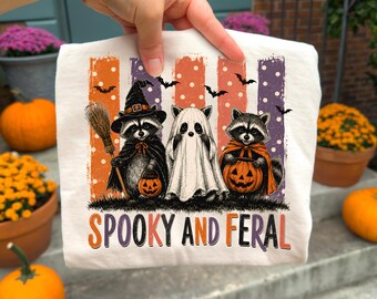Spooky and Feral Raccoon Halloween Shirt, Cute Preppy Halloween Tee, Retro Ghost Raccoon Tee, Witch Raccoon Shirt, Funny Fall Tee-Shirt