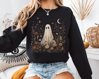 Sweatshirt mit Geister-Wildblumen-Motiv, süßes Halloween-Sweatshirt, Cottagecore-Sweatshirt mit Geister-Rundhalsausschnitt, Pullover für die Gruselsaison, kuscheliger Herbstpullover