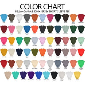 Puede incluir: Carta de colores que muestra 48 colores diferentes de camisetas de manga corta de punto Bella + Canvas 3001. Los colores est&aacute;n dispuestos en filas y columnas, con cada color representado por un peque&ntilde;o cuadrado.