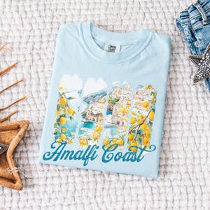 Pu&ograve; includere: Maglietta blu chiaro con un'illustrazione ad acquerello della Costiera Amalfitana, che rappresenta edifici, montagne e alberi di limone. Il testo "Amalfi Coast" &egrave; stampato in un font stilizzato.