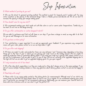 May include: A text-based FAQ page with questions and answers about printing methods, care instructions, customization, return policies, rush shipping, and sizing for t-shirts.