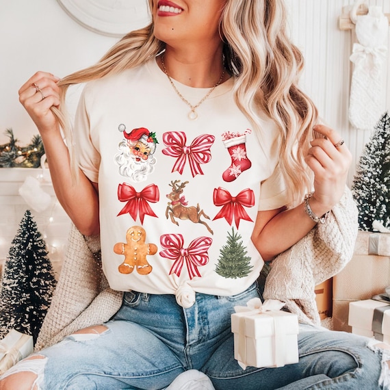 Coquette Christmas Tee, Cute Holiday T-Shirt For Women, Vintage Santa Shirt, Festive Crewneck Tee, Holiday Gift for Her, Soft Girl Christmas