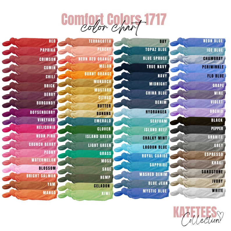 Pode incluir: Uma carta de cores que mostra 50 cores diferentes de camisetas Comfort Colors 1717. As cores est&atilde;o dispostas em colunas e etiquetadas com seus nomes.