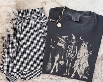 Vintage Halloween Shirt, Comfort Colors Witch Skeleton Ghost Tee, Spooky Season Shirt, Women's Halloween Graphic Tee, Gothic Fall Shirt