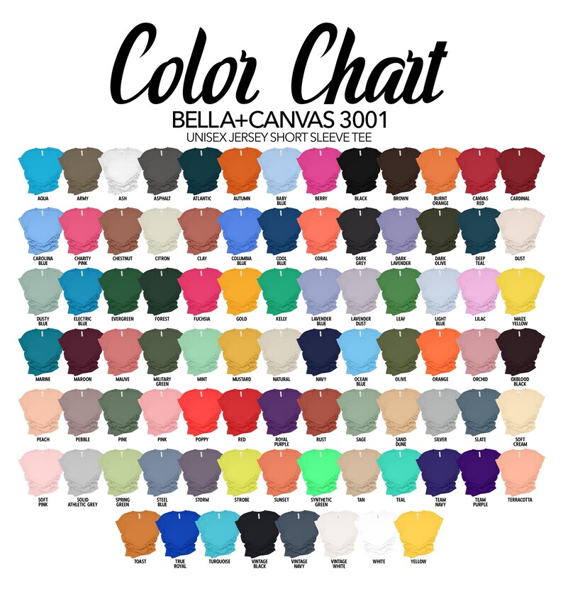 Pu&ograve; includere: Tabella colori per t-shirt unisex a maniche corte in jersey BELLA+CANVAS 3001. La tabella mostra una vasta gamma di colori, tra cui acquamarina, nero e rosso. Ogni colore &egrave; etichettato con il suo nome.