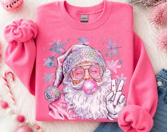 Retro Santa Sweatshirt, Pink Christmas Sweater, Women's Holiday Crewneck, Xmas Gifted for Her, Trendy Festive Sweatshirt, Bubblegum Santa