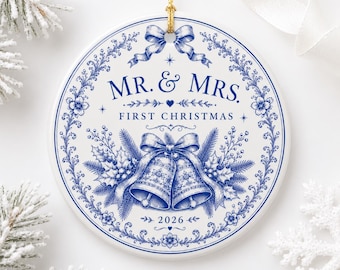 First Christmas Married Ornament 2026, Mr and Mrs Christmas Ornament, Newlywed Gifted, Blue Toile Ceramic Ornament, Wedding Keepsake