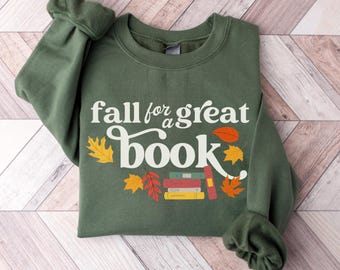 Sweatshirt 'Fall For A Great Book', sweatshirt met boekenthema, shirt voor boekenliefhebbers, trui met ronde hals voor boekenwurmen, cadeau voor lezers, sweatshirt voor boekenclubs