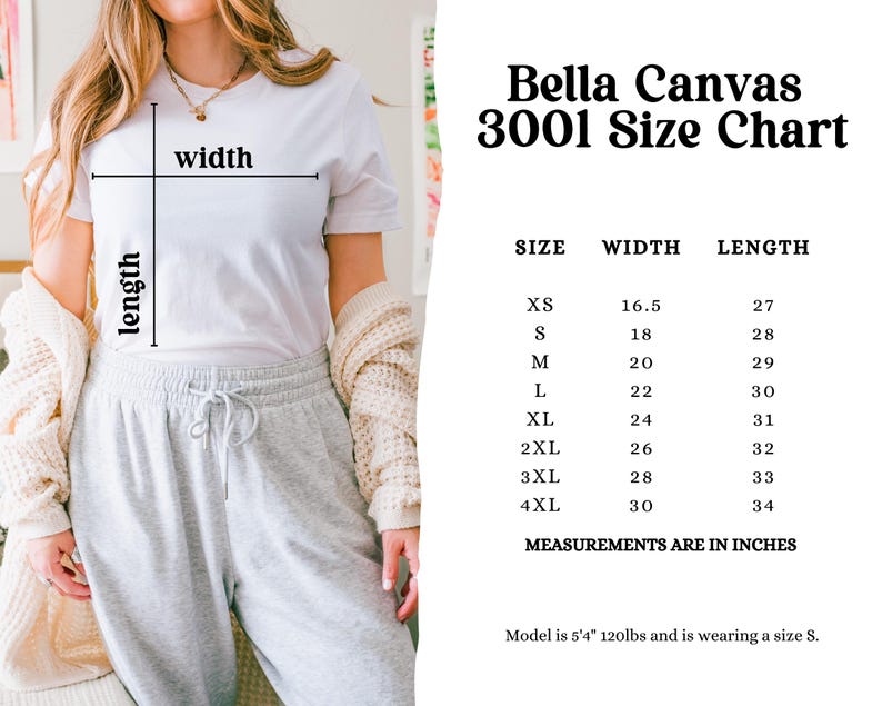 Puede incluir: Tabla de tallas Bella Canvas 3001 que muestra las medidas de ancho y largo en pulgadas para las tallas XS a 4XL. La tabla incluye el texto "Measurements are in inches".