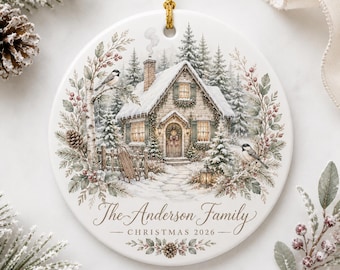 Personalized Family Christmas Ornament, Custom Family Name Ornament, Vintage Christmas Cottage Keepsake, Storybook Holiday Ornament 2026